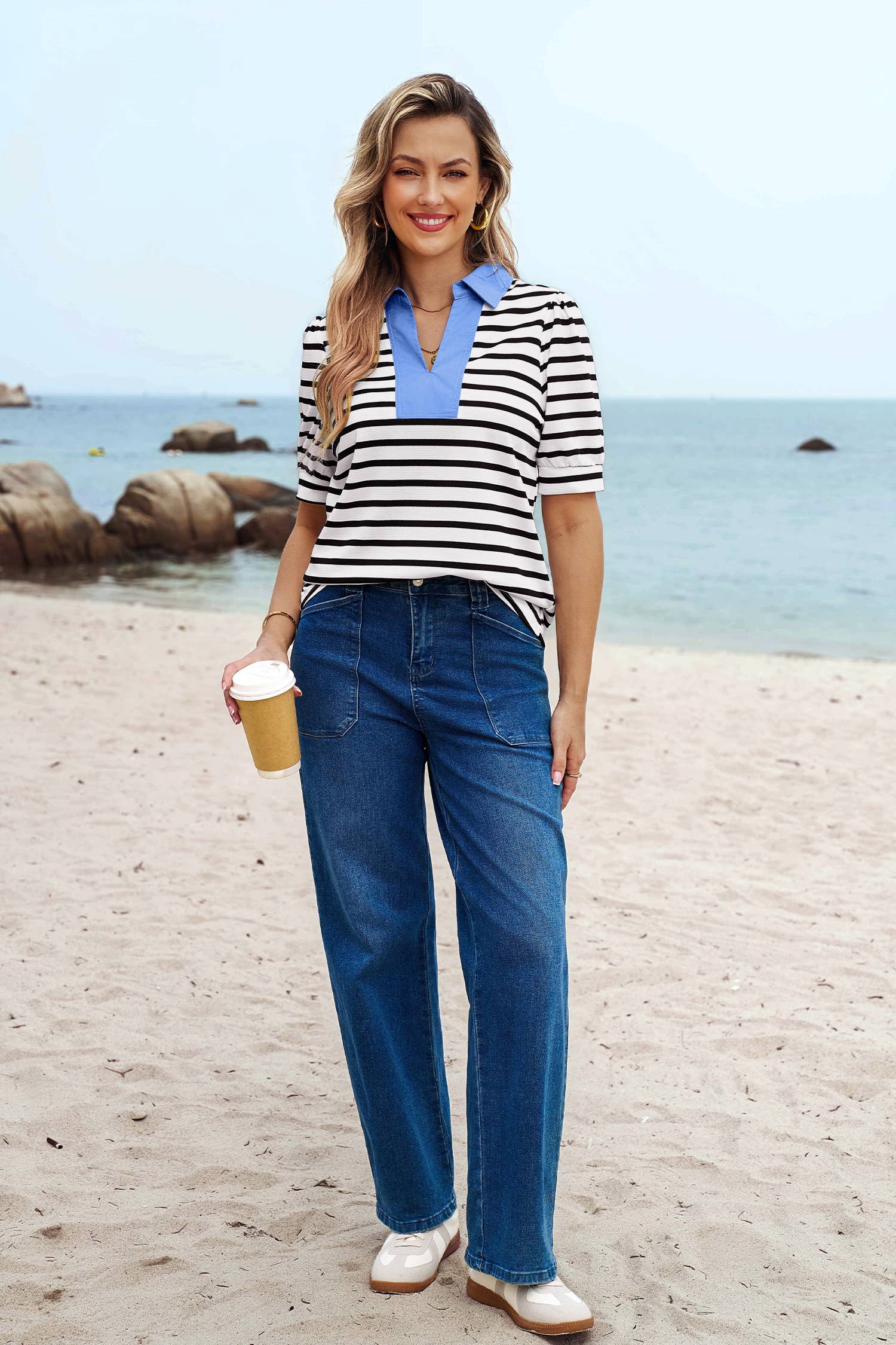 Short Puff Sleeve Color Block Polo Collar Blouse