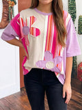 Striped Color Block Flower Patched Half Sleeve Summer Top